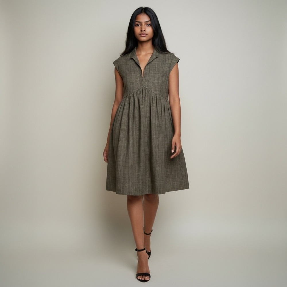 H&M Silk Linen Dress Women's 12 Brown Crosshatch Babydoll Mini Elegant Boho NWT